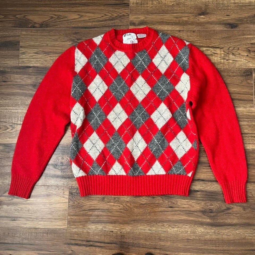 Club International Scottish Shetland Wool Argyle Sweater Women Large Red‎ Grey